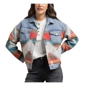 A Beautiful Soul Aztec Print Mixed Media Denim Jacket Relaxed Fit Sz B /US 18-20